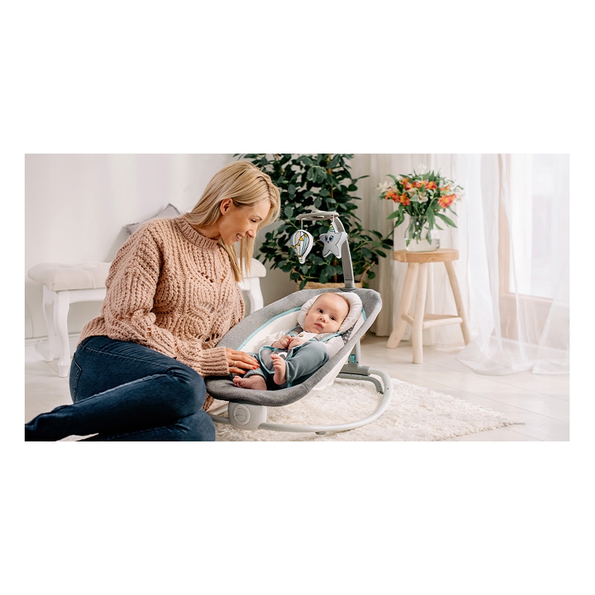 Lionelo - Mecedora vibratoria infantil con melodía PASCAL 2xAA gris/turquesa