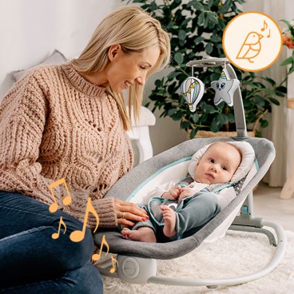 Lionelo - Mecedora vibratoria infantil con melodía PASCAL 2xAA gris/turquesa