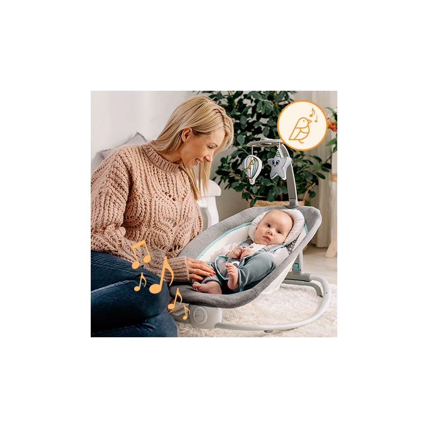 Lionelo - Mecedora vibratoria infantil con melodía PASCAL 2xAA gris/turquesa