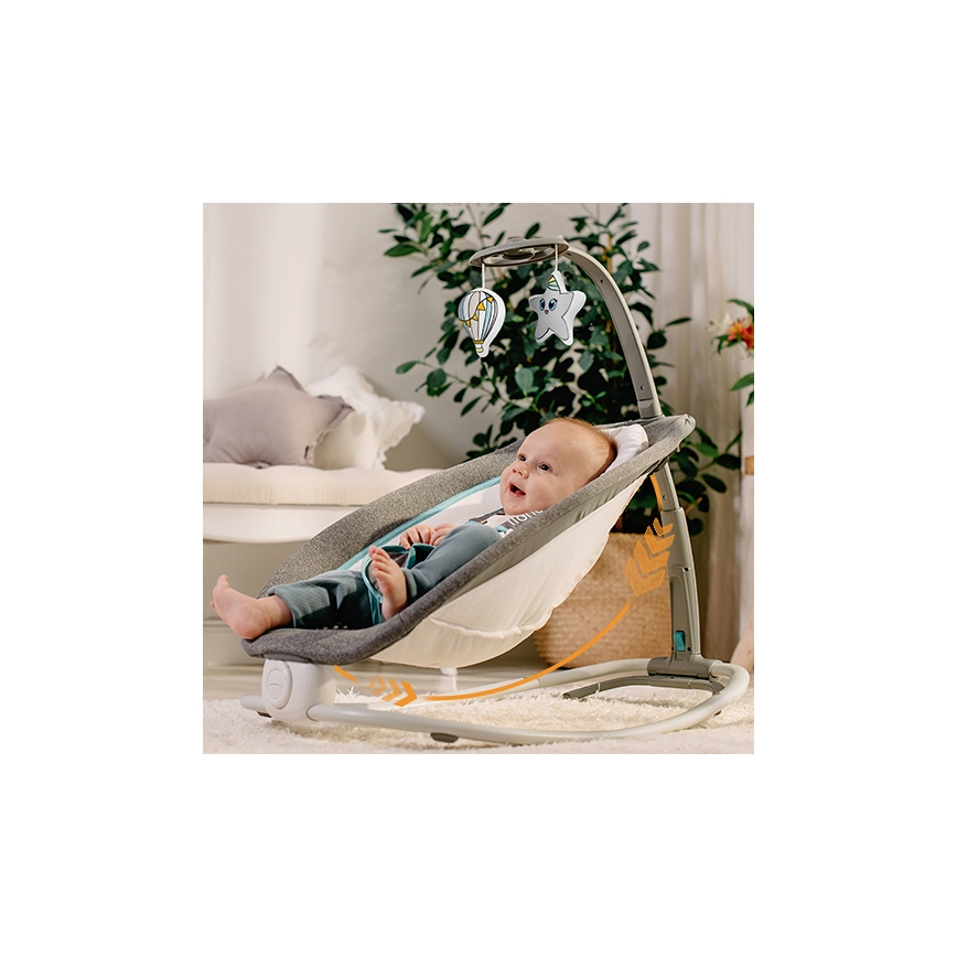 Lionelo - Mecedora vibratoria infantil con melodía PASCAL 2xAA gris/turquesa