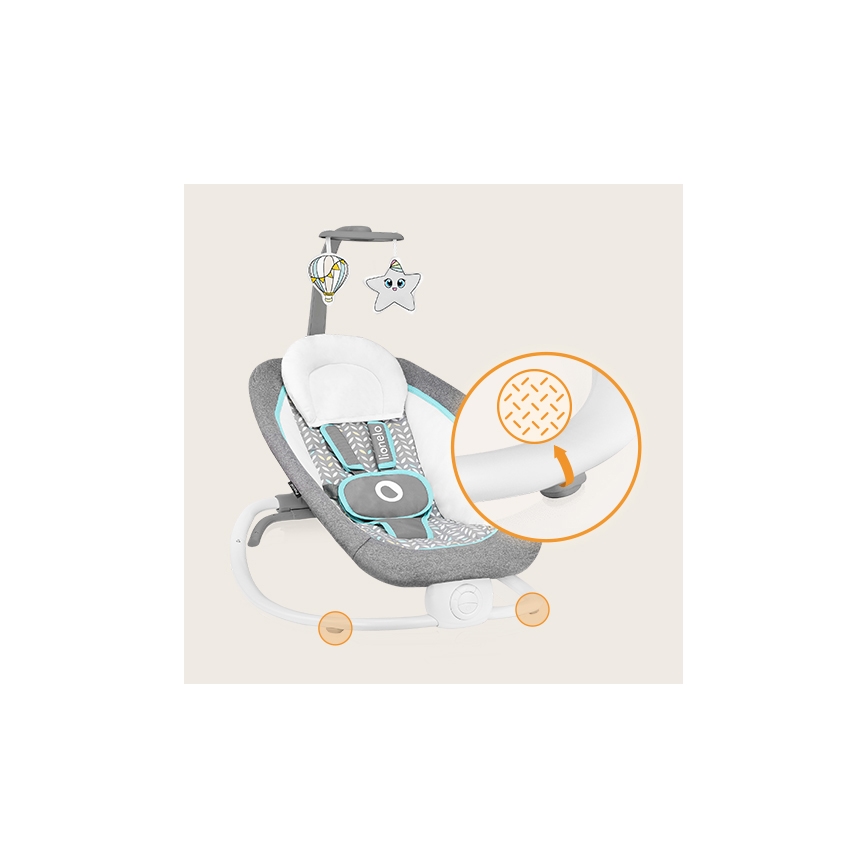 Lionelo - Mecedora vibratoria infantil con melodía PASCAL 2xAA gris/turquesa