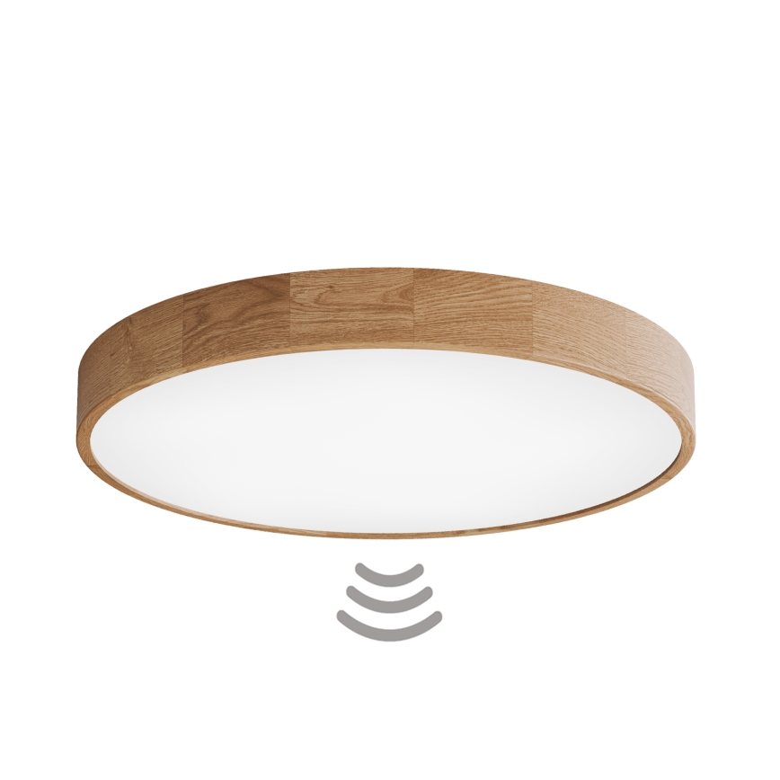 Lámpara de techo CLEO con sensor de movimiento y de crepúsculo, 6xE27/24W/230V, Ø 80 cm, roble