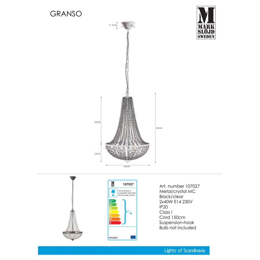 Markslöjd 107027 - Lámpara colgante de cristal GRÄNSÖ 2xE14/40W/230V