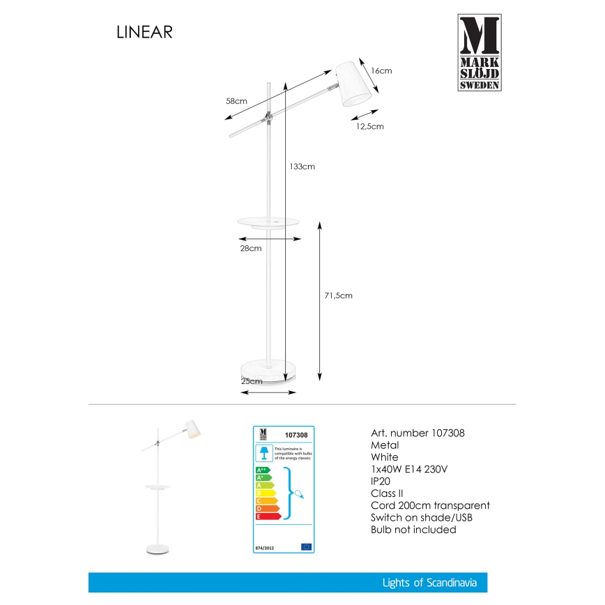 Markslöjd 107308 - Lámpara de pie USB LINEAR 1xE14/40W/230V