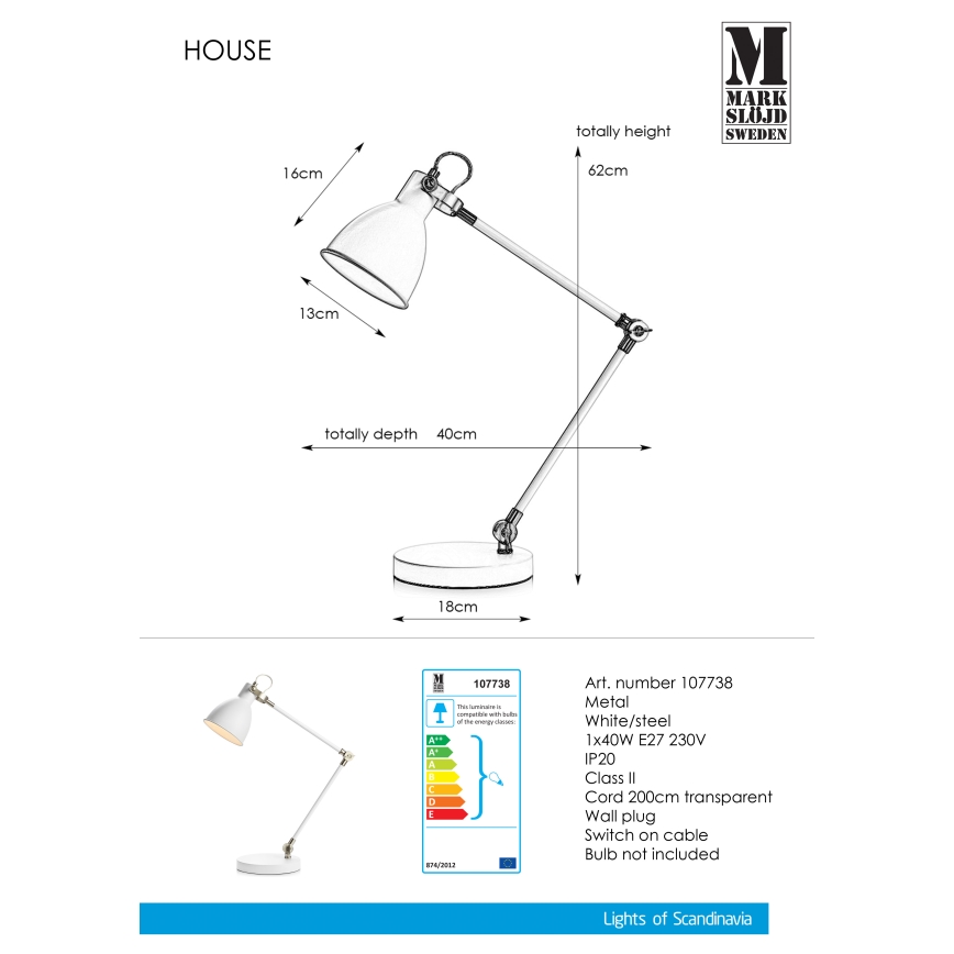 Markslöjd 107738 - Lámpara de mesa HOUSE 1xE27/40W/230V