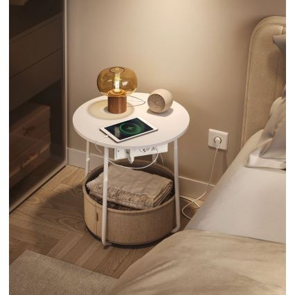 Mesa auxiliar NOIRA con enchufes integrados y puertos USB, beige/blanco