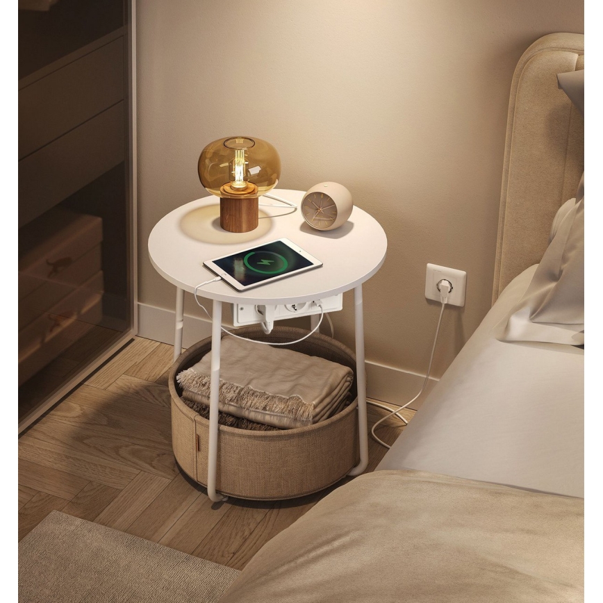 Mesa auxiliar NOIRA con enchufes integrados y puertos USB, beige/blanco