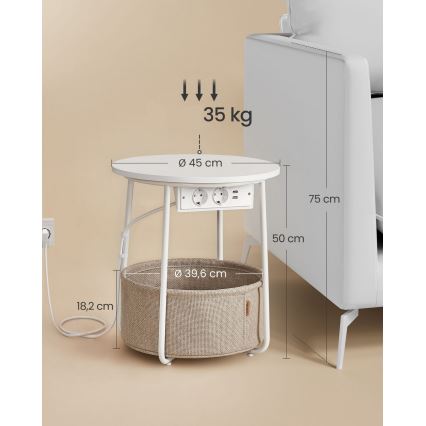 Mesa auxiliar NOIRA con enchufes integrados y puertos USB, beige/blanco