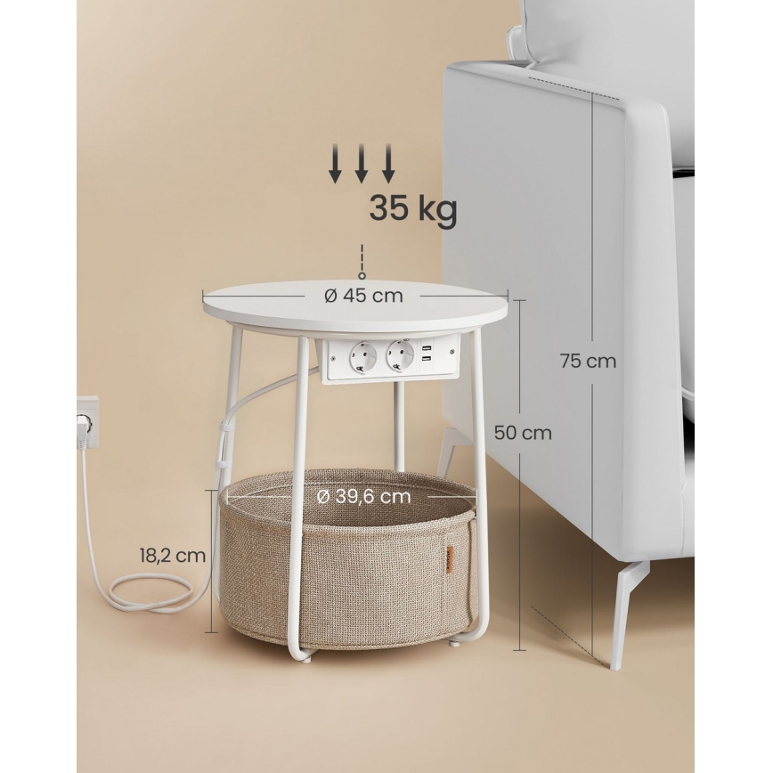 Mesa auxiliar NOIRA con enchufes integrados y puertos USB, beige/blanco