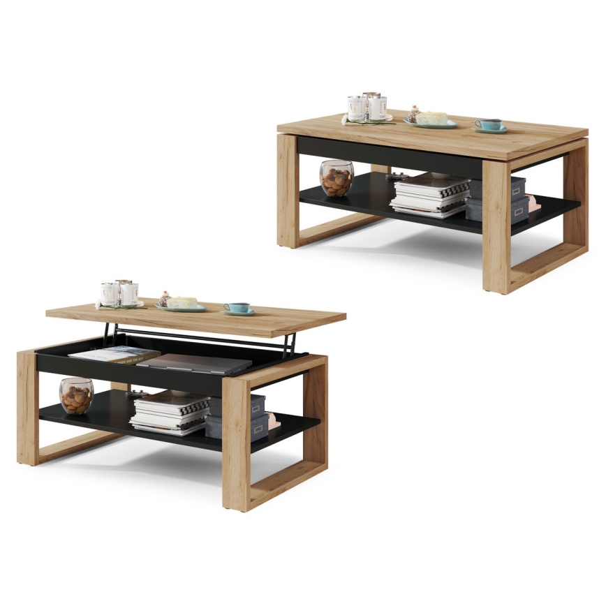 Mesa de centro con sobre elevable y balda NEA roble craft/negro