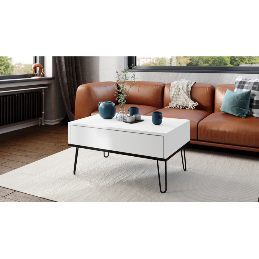 Mesa de centro con tapa elevable y balda HALIJA blanca/negra