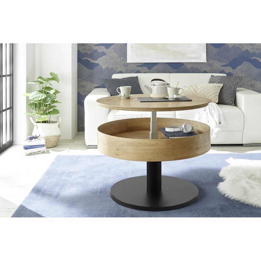 Mesa de centro ELEMENT con tablero elevable, diámetro 75 cm, roble/negro