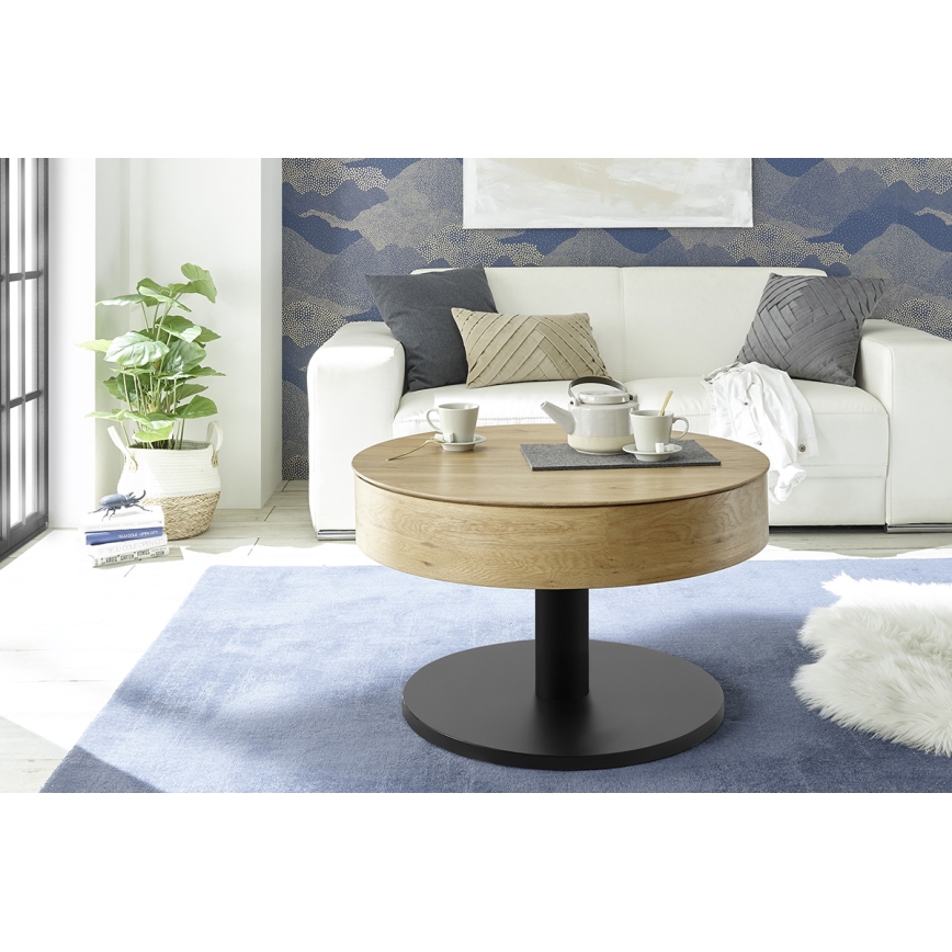 Mesa de centro ELEMENT con tablero elevable, diámetro 75 cm, roble/negro