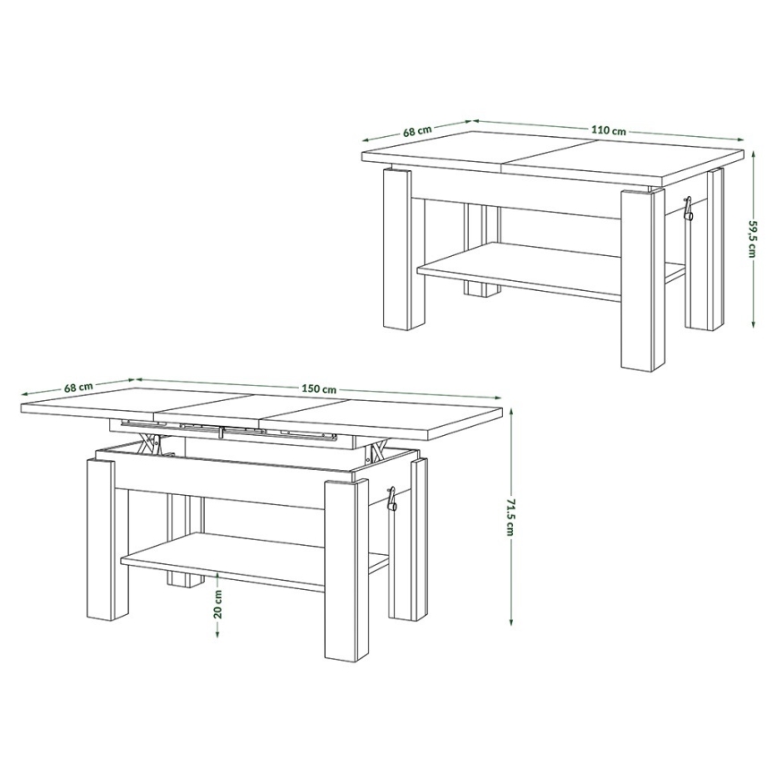 Mesa de centro extensible con balda ADONIS 110/150x68 cm gris hormigón/blanco