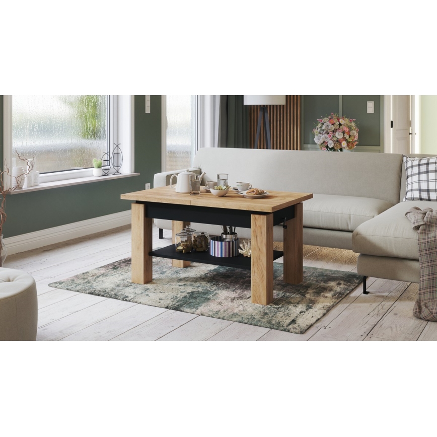Mesa de centro extensible con estante ADONIS 110/150x68 cm roble craft/negro