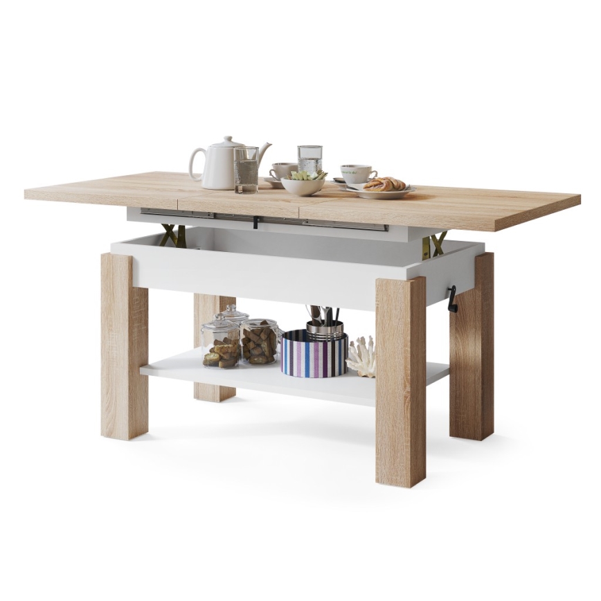 Mesa de centro extensible con estante ADONIS 110/150x68 cm roble sonoma/blanco