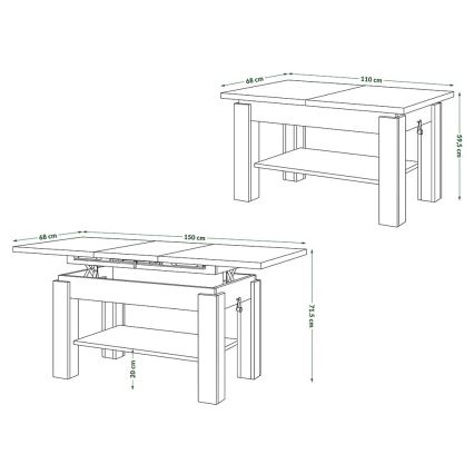 Mesa de centro extensible con estante ADONIS 110/150x68 cm roble sonoma/blanco
