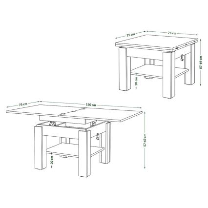 Mesa de centro extensible con tablero elevable CALEB 75/150x75 cm blanca