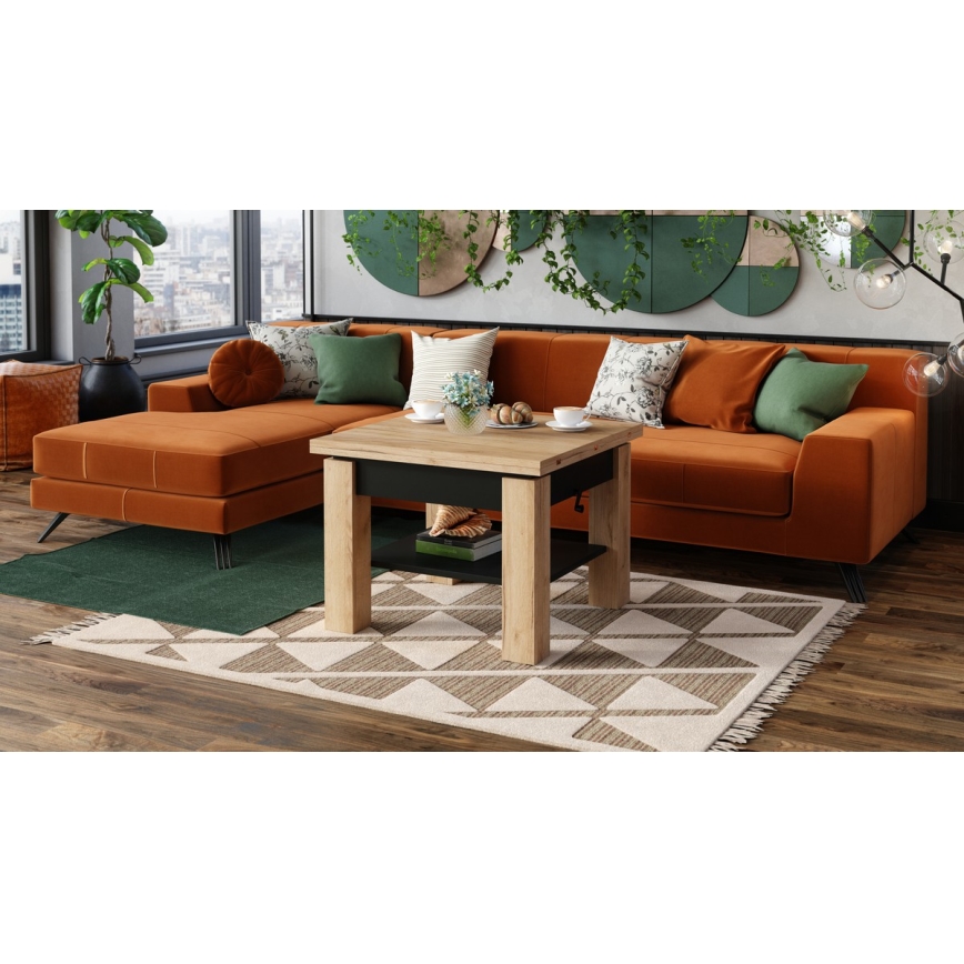 Mesa de centro extensible con tablero elevable CALEB 75/150x75 cm roble craft/negro