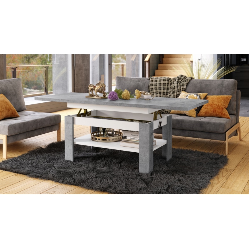 Mesa de centro extensible con tablero elevable ROY 130/170x65 cm gris hormigón/blanco