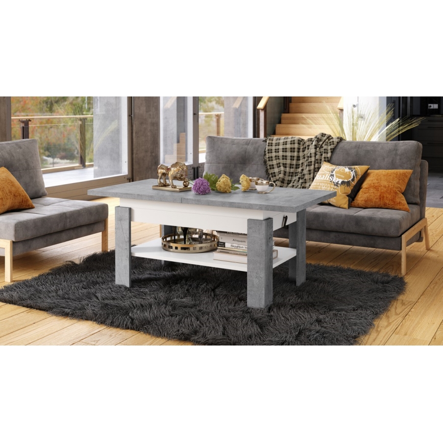 Mesa de centro extensible con tablero elevable ROY 130/170x65 cm gris hormigón/blanco