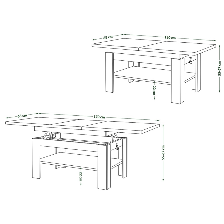 Mesa de centro extensible con tablero elevable ROY 130/170x65 cm negro/antracita