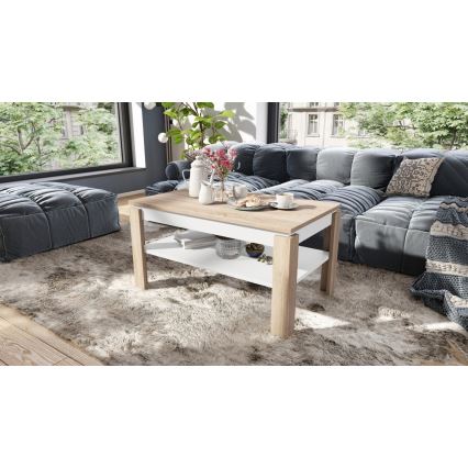 Mesa de centro extensible con tablero elevable y balda ADEN, roble Sonoma/blanco