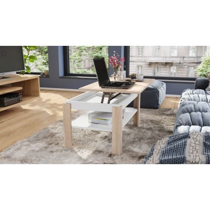 Mesa de centro extensible con tablero elevable y balda ADEN, roble Sonoma/blanco