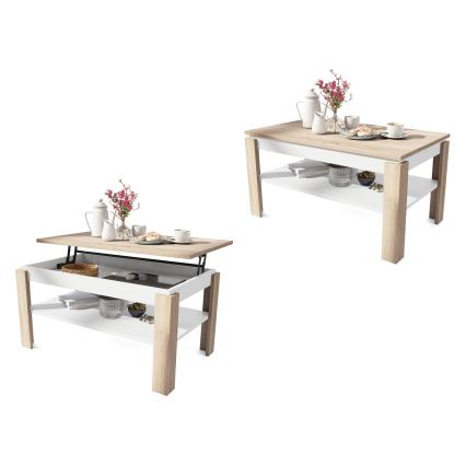 Mesa de centro extensible con tablero elevable y balda ADEN, roble Sonoma/blanco