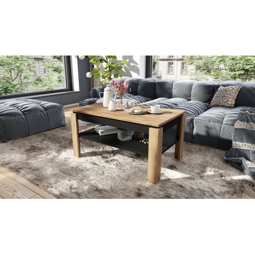 Mesa de centro extensible con tapa elevable y estante ADEN roble craft/negro