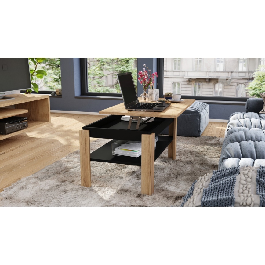 Mesa de centro extensible con tapa elevable y estante ADEN roble craft/negro