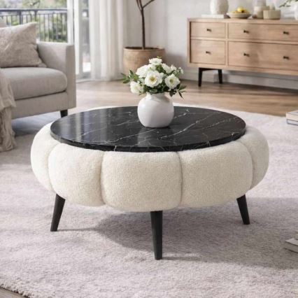 Mesa de centro FELPO Ø 60 cm negro/blanco/acabado de mármol