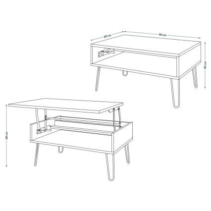 Mesa de centro HALIJA con tablero elevable y estante, gris hormigón/negro