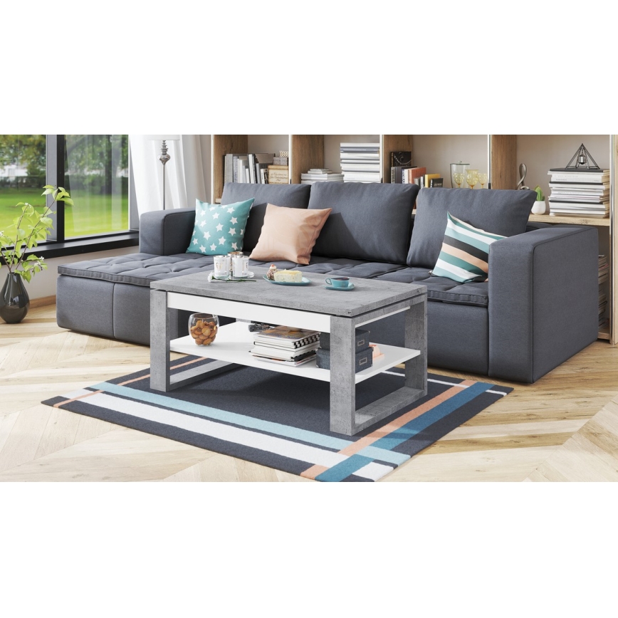 Mesa de centro NEA con tablero elevable y estante, gris hormigón/blanco