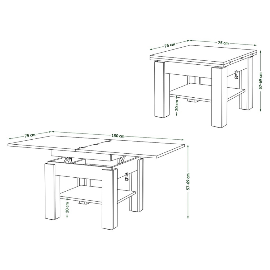 Mesa extensible con tablero elevable CALEB para salón y comedor, gris hormigón/blanco