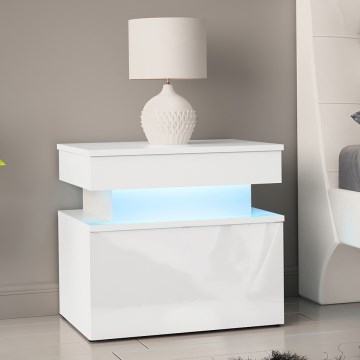 Mesita de noche GLOSSA con iluminación LED, 55x51 cm, blanco/blanco brillante