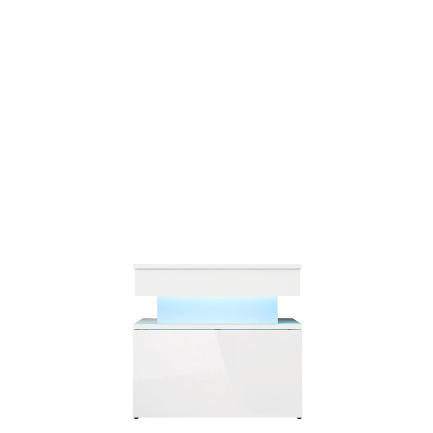 Mesita de noche GLOSSA con iluminación LED, 55x51 cm, blanco/blanco brillante