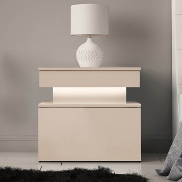 Mesita de noche GLOSSA con iluminación LED integrada, 51x55 cm, beige