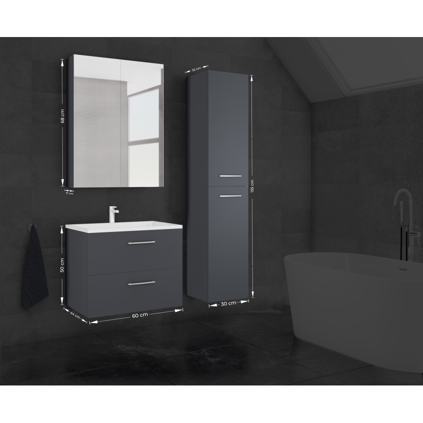 Mueble de baño con lavabo KATE + armario con espejo + armario de pared en antracita