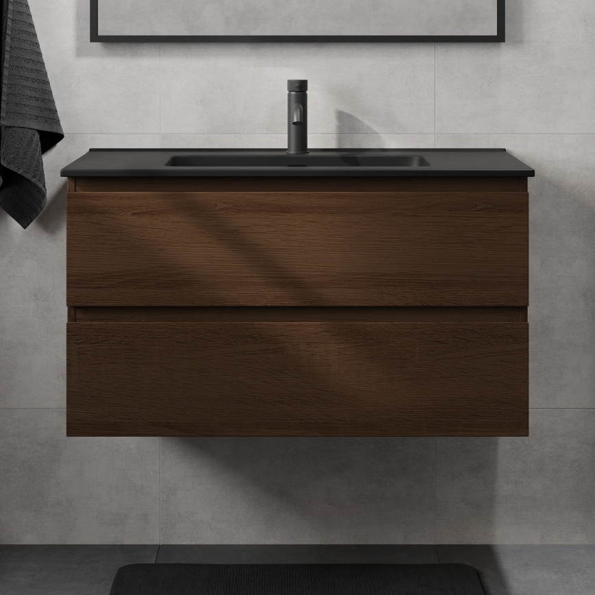 Mueble de baño con lavabo KENWOOD de 91 cm, nogal/negro