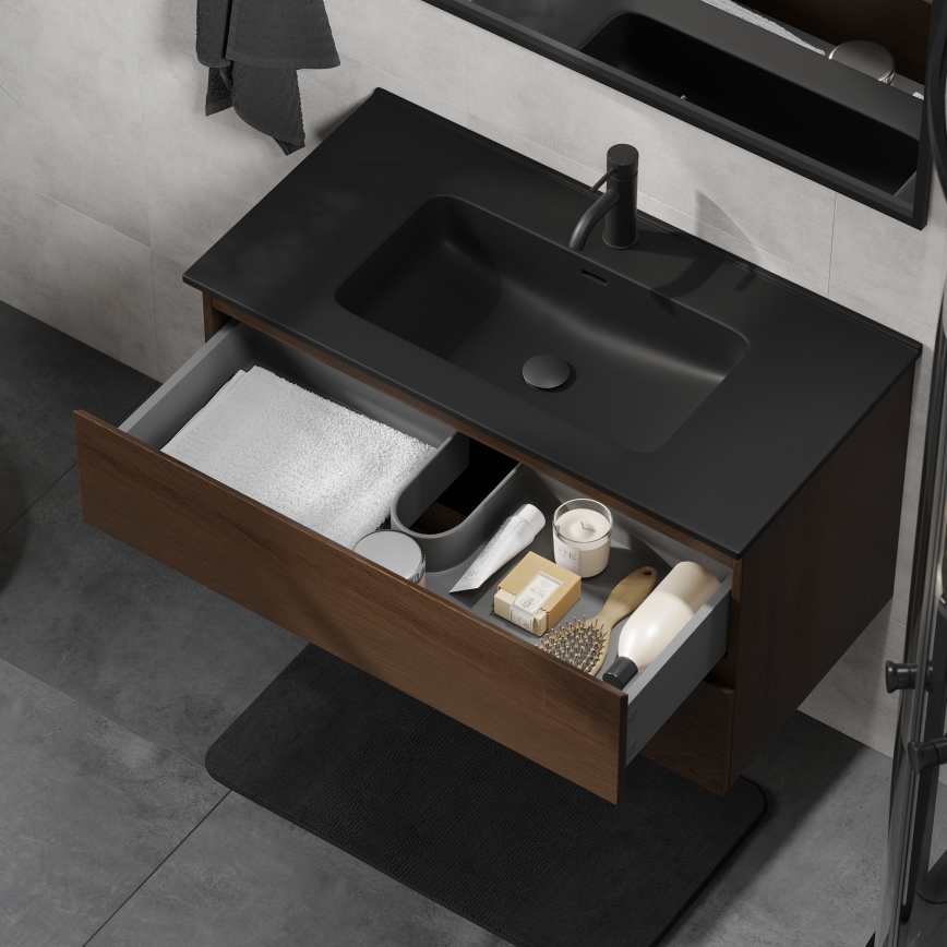 Mueble de baño con lavabo KENWOOD de 91 cm, nogal/negro