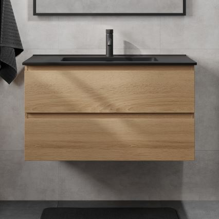 Mueble de baño con lavabo KENWOOD de 91 cm roble/negro