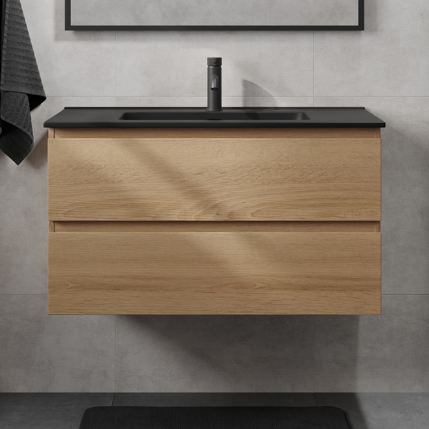 Mueble de baño con lavabo KENWOOD de 91 cm roble/negro