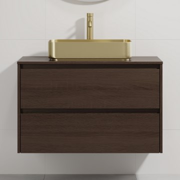 Mueble de baño con lavabo TRONDHEIM/LJORDAL 90x57x46 cm nogal/latón