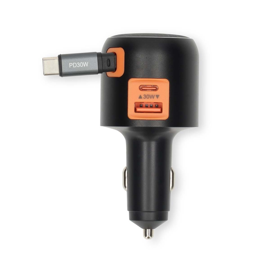 Cargador para automóvil con cable retráctil, Power Delivery 30 W, 2x USB-C + 1x USB-A