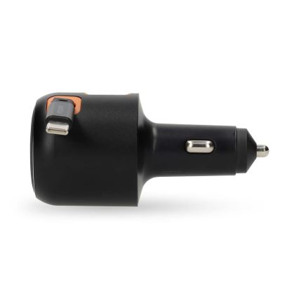 Cargador para automóvil con cable retráctil, Power Delivery 30 W, 2x USB-C + 1x USB-A