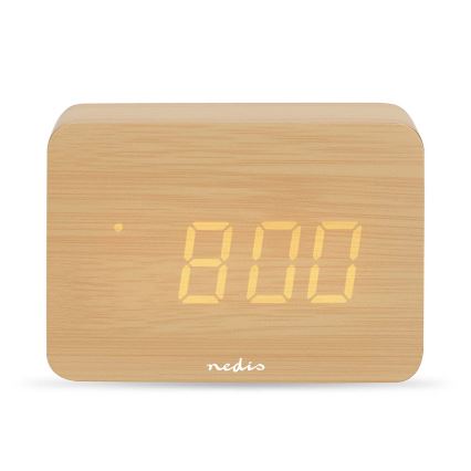 Reloj despertador digital con pantalla LED y termómetro, 5V/3xAAA, de madera