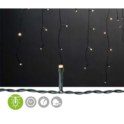 Cortina de luces LED para exterior, 360 LEDs / 7 funciones, 14 m, IP44, blanco cálido