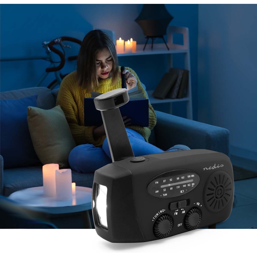 Radio AM/FM de manivela con panel solar y linterna LED con batería de 2000 mAh