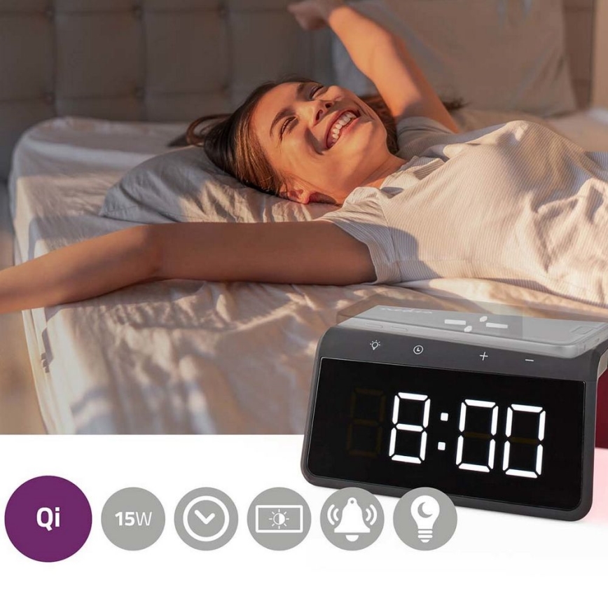 Reloj despertador con pantalla LCD y cargador inalámbrico 15W/5V 1xCR2032 negro
